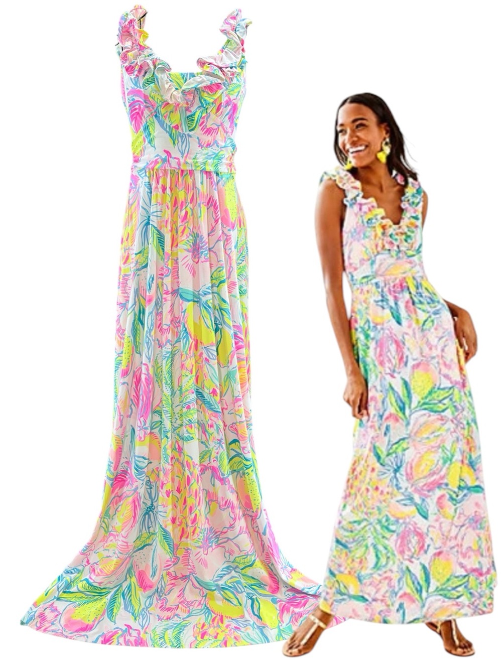NEW Lilly Pulitzer Leena Fiesta Bamba Tropical Ruffle Maxi Sundress Rare Size XS